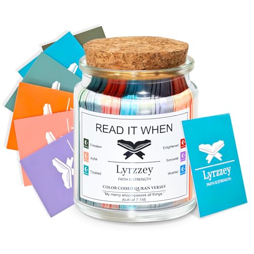 Lyrzzey Quran Verse Jar – 102 Color-Coded Emotions with Premium Handpicked Quranic Verses, Islamic Affirmations Cards, Spiritual Gift for Muslim Men & Women, Ramadan Eid Decor