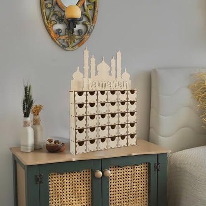 Luxshiny Wooden Advent Calendar Eid Mubarak Ramadan Table Decor Unique Home Craft for Festive Countdown for