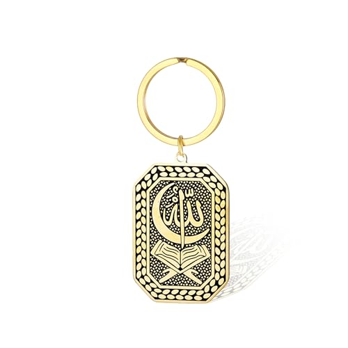 VASSAGO Stainless Steel Muslim Keychain Double Sided Islamic Crescent Star Allah Calligraphy Key Ring Religious Ramadan Gift - color: Gold