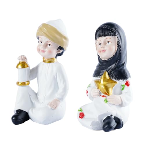 Ramadan Decorations for Home Set of 2 Resin Muslim Boy and Girl Figurines Holding Lantern and Star Islamic Decor Eid Mubarak Table Centerpieces for Iftar Office Desktop Display