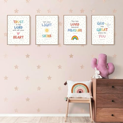 LARTSFRO Bible Christian Wall Art Decor Posters Prints, Inspirational Bible Verses Room Bathroom Bedroom Playroom Dorm Wall Art Decor Aesthetic for Nursery Baby Kids Teen Girls Gifts, Christian Classroom Wall Decor, 12x16 Inch Set of 4 Pcs Pictures (UNFRA