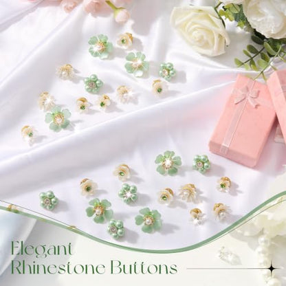 50 Pcs Pearl Rhinestone Brooch Pin Flower Embellishments Brooches and Pins for Women Lapel Pins No Sew Button Charms Accessories for Clothes Bags Wedding DIY Crafts, 5 Styles - color: Green