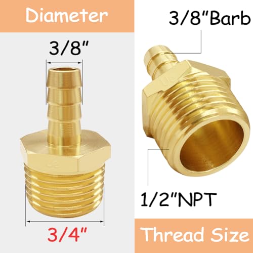 Uenede Brass 1/2" NPT Male to 3/8" Hose Barbed Fittings, 6PCS | Barb Pipe Fittings with Clamps Air Line Repair Connectors for Water Oil Gas - size: 3/8"Barb, style: 1/2"NPT Male