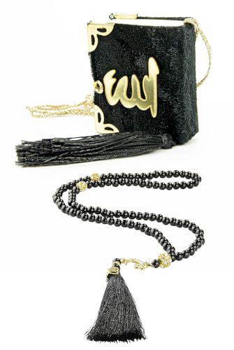 ihvan online Mini Velvet Quran Set with Islamic Finger Counter, Portable Digital Tasbeeh, Muslim Prayer Beads, Pearl Zikirmatic Beads, 3 Pieces Gift Set for Mevlüt (Black Box) - color: Black Box