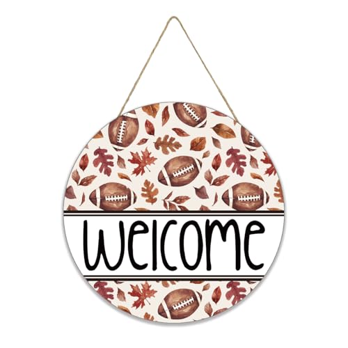 Smile Fall Football Welcome Wooden Round Door Hanger, Autumn Leaves Front Door Sign for Thanksgiving Game Day Decorations - style: Welcome Football