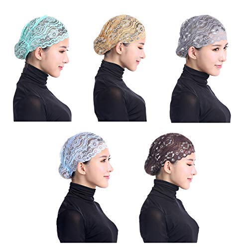 Vpang 5 Pack Womens Muslim Inner Hijab Caps Shiny Lace Head Cover Stretch Beanie Turban Hat Chemo Cap Headwrap Cover - color: Set 3