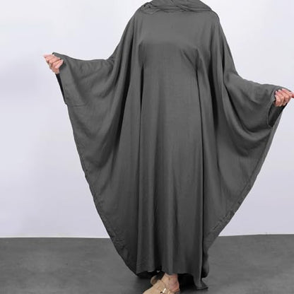 ODIZLI Abayas For Women Muslim Dubai Full Cover Kaftan Shirt Dress Batwing Sleeve Prayer Dress With Hijab - color: Dark Gray + Hijab, size: Two