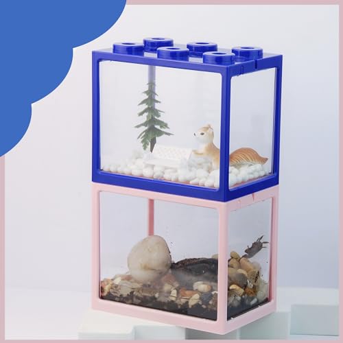 Small Sea Monkey Tank, Stackable Mini Betta Fish Tank Tinny Aquarium Kit with Aquarium Gravel, Moss Ball Tank Shrimp Tank 0.27 Gallon Acrylic Cube Fish Bowl for Shrimp Snails - color: Blue