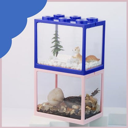 Small Sea Monkey Tank, Stackable Mini Betta Fish Tank Tinny Aquarium Kit with Aquarium Gravel, Moss Ball Tank Shrimp Tank 0.27 Gallon Acrylic Cube Fish Bowl for Shrimp Snails - color: Blue