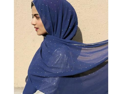 Hijab for Women Premium Chiffon Hijab Rhinestone Hijab Scraf for Women Muslim - color: Navy Blue