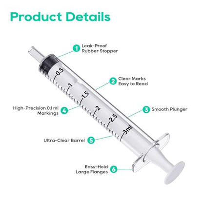 50Pack 3ml Syringes with Caps 3cc Small Oral Syringe Needleless | Plastic Syringe with Tip Cap Individually Wrapped for Scientific Labs, Liquid Measuring, Pet Feeding, Oil & Glue Dispenser - style: 3ml