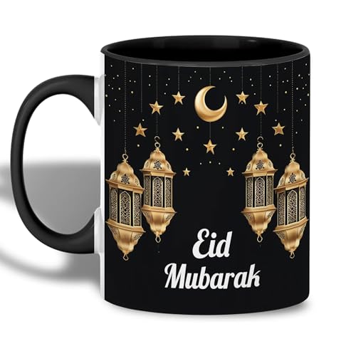Eid Mubarak Mug, Islamic Coffee Mug, Crescent Moon and Lanterns Cup, Muslim Holiday Gift, Eid Celebration Drinkware, Elegant Gold Lantern Design, Ceramic Tea Cup for Home and Office