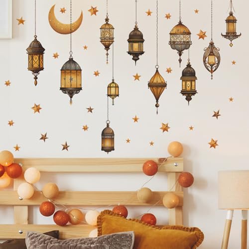 Ramadan Wall Decals Amber Lanterns – Traditional Hanging Lantern & Moon Stickers with Stars, Removable Eid Mubarak Decorations for Home, Bedroom, Nursery, Living Room