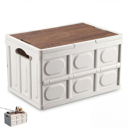 Lidded Home Storage Bins 30L/7.9Gal Collapsible Camping Box, Food Storage for Camping, Stackable with Handles & Wooden Lid for Home Organizing