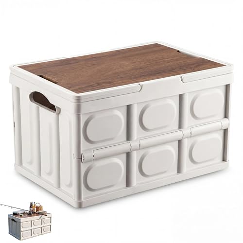 Collapsible Storage Bins with Lids, Camping Storage Box | 30L PP camping storage box with wooden lid, collapsible for campers, home storage, travel and outdoor organization.