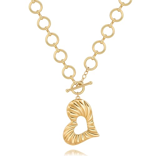 POTESSA 18K Gold Plated Pendant Necklace Medallion Coin Heart Y Shaped Chain Toggle Necklace for Women Jewelry - color: Gold Statement Heart