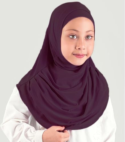 Modefa Islamic Girl Child Practical Amira Hijab Two Piece Muslim Scarf & Bonnet - Instant Easy Hijab - color: Eggplant