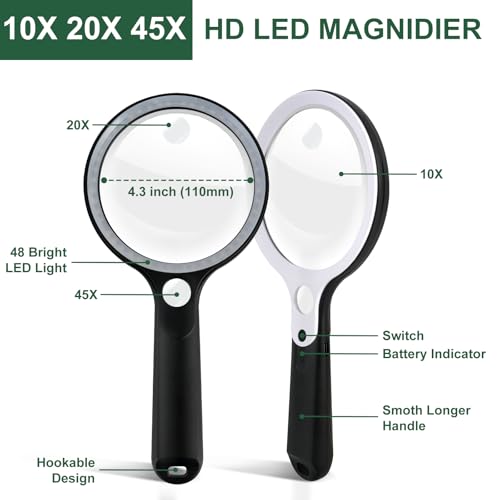 10X 20X 45X Magnifying Glass with 48 LED Light | Handheld Illuminated Lighted Magnifier with 5 Light Modes Rechargeable Magnifying Glass for Seniors Reading Inspection - color: Black Handle