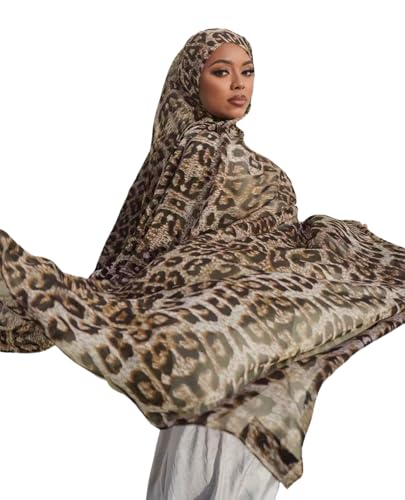 RARITYUS Silky Satin Hijab Scarf for Women Watercolor Floral Printed Muslim Hijab Head Wrap Fashion Long Scarves Shawls - color: Brown Leopard Print