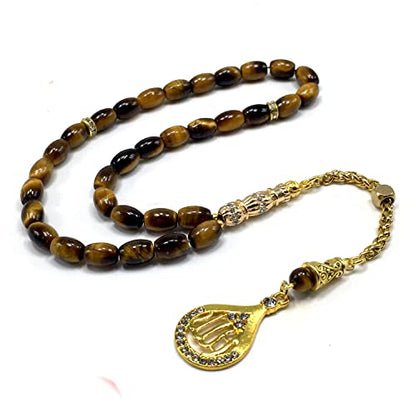 Design -Tiger Eye Stone Series Worry Beads - Prayer Beads (8 mm-33 Beads) Tesbih-Tasbih-Tasbeeh-Misbaha-Masbaha-Subha-Sebha-Sibha-Rosary (-Oval Cut Gold Model 6x9 mm-) - color: -Oval Cut Gold Model 6x9 mm-