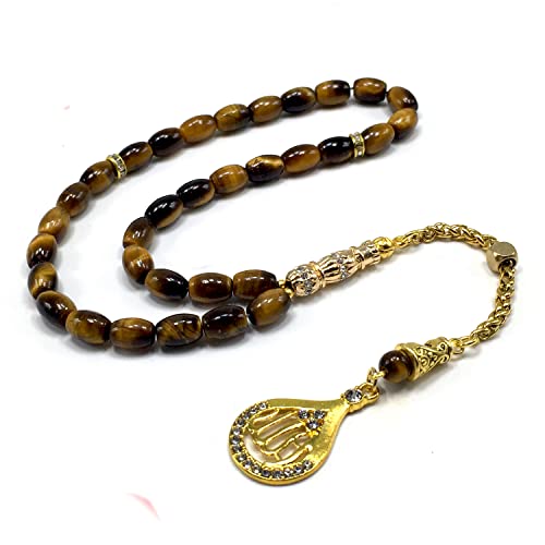 Design -Tiger Eye Stone 시리즈 걱정 비즈 - 기도 비즈 (8mm-33 비즈) Tesbih-Tasbih-Tasbeeh-Misbaha-Masbaha-Subha-Sebha-Sibha-Rosary (-타원형 컷 골드 모델 6x9mm) - color: -타원형 컷 골드 모델 6x9mm-