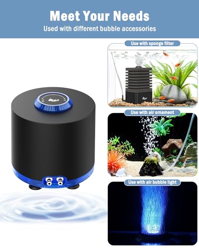 AQQA Aquarium Air Pump, 3W Powerful Dual Outlet Adjustable Oxygen Aerator | Quiet Operation, Stainless Steel Outlet Fish Air Pump, Adjustable Air Flow with Air Stone Bubbler, for Up to 80 Gallon Tank - style: 3W(Tank Up to 80 Gallon Aquariums)