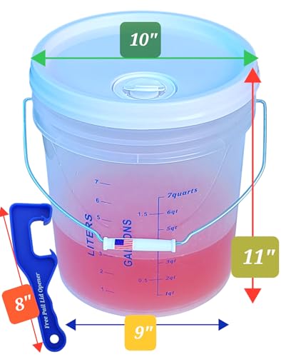 2 Gallon Graduated Measuring Mixing Bucket Pail Quarts Liters Food Grade Resist Heat BPA Free Transparent HDPE Plastic Storage Container LeakProof Lid with Spout & Handle Premium Quality FDA Compliant