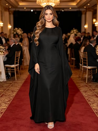 Shinsto Women Satin Prayer Dress Kaftan Robe Musulmane Femme Flashy Gown Luxury Party Wear Nightclub Outfit - color: Black, size: 2