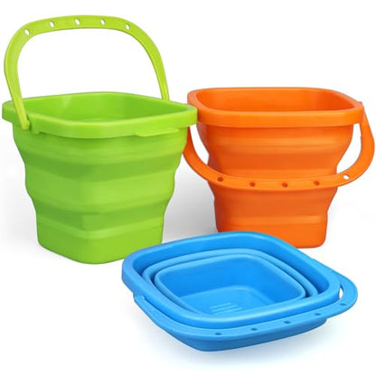 Jumbo Beach Sand Bucket Toy for Kids, 3L Collapsible Sandbox Pail, Easter Buckets, 3 Pack Multi Use Tool for Garden, Planting, Camping, Storage Fishing, Washing, Summer Holiday Travel Birthday Gifts - style: Square
