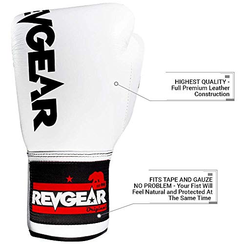 Revgear F1 Competitor Pro Lace Boxing Glove | Premium Leather | Lace-up - color: White, size: 12 OZ