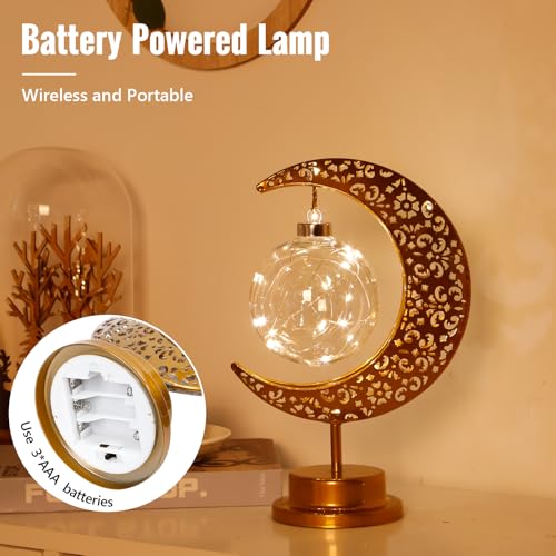 Crescent Moon Table Lamp Metal Frame Ramadan Lights Ball LED Night Light Magic Hanging Moon Lamp Decor for Home Bedroom Bedside Desktop