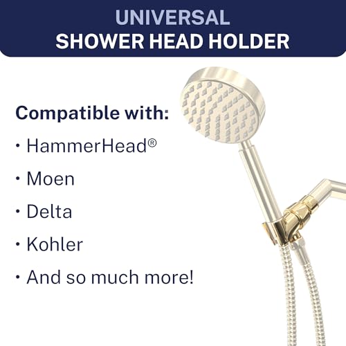 HammerHead Showers® Solid Metal Handheld Shower Head Holder - Polished Brass - Adjustable Shower Wand Holder with Universal Wall Hook Bracket and Brass Pivot Ball - Hand Held Shower Head Holder - color: Polished Brass