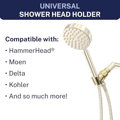 HammerHead Showers® Solid Metal Handheld Shower Head Holder - Polished Brass - Adjustable Shower Wand Holder with Universal Wall Hook Bracket and Brass Pivot Ball - Hand Held Shower Head Holder - color: Polished Brass