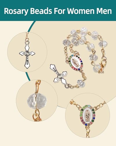 Rimvoe Car Rosary for Rearview Mirror Hanging - Catholic Religious Devout Gift with Virgin Mary Charm and Crucifix, Ideal Catholic Rosary Gifts for Men & Women - color: white