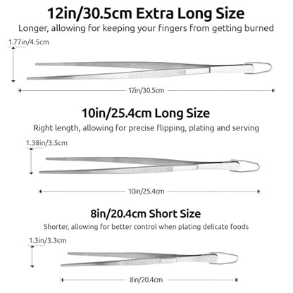 U-Taste 8"+10"+12" Kitchen Cooking Tweezer: 18/8 Stainless Steel Food-Grade Metal Food Tong, Flexible Pinching, Seamless-Welding and Sturdy for Serving Grilling Frying, Plating, Feeding (Pointed Tip) - size: 8in+10in+12in (pointed tip)