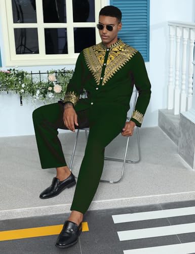 Mens African 2 Piece Set Metallic Traditional Suit Gold Stamp Printed African Dashiki Shirt and Pants Outfit - color: Dark Green, size: Large