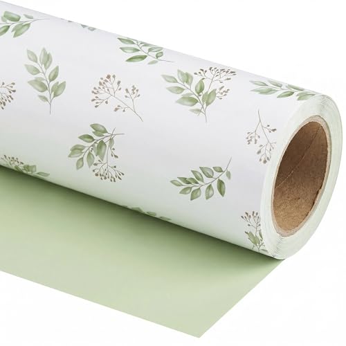 WRAPLULU Sage Green Gift Wrapping Paper Roll - 17.5" * 26 Ft. - Reversible Greenery Wrap with Green Solid Back, Perfect for Baby Shower Wedding Bridal Shower Birthday Mother's Day - color: Green