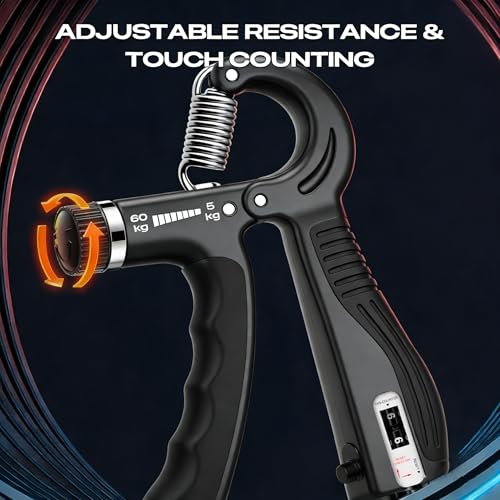 Grip Strength Trainer - Adjustable Resistance 11-132lbs/5-60kg Hand Gripper & Forearm Strengthener Device with Smart Counter for Sports & Rehab - color: Black