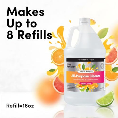 Clean Revolution SuperCharged All Purpose Cleaner Refill with Smart Probiotic + Enzyme Complex, Multi-Surface Kitchen Bathroom & Floor Cleaner, Dreamy Citrus, 128 Fl Oz - size: 128 Fl Oz (Pack of 1)
