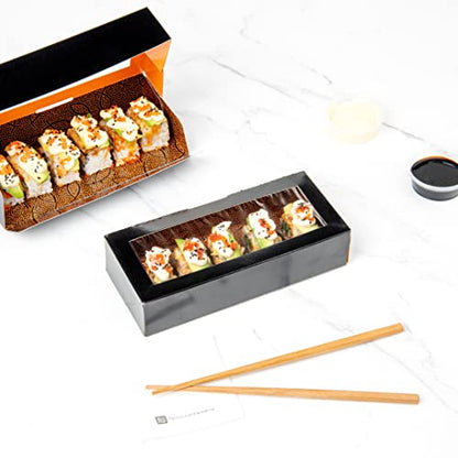 Restaurantware Sakura Vision 8 x 3.5 x 1.8 Inch Sushi Boxes 50 Disposable Take Out Boxes - Built-In Lid Clear Window Black Paper Rectangle Boxes For Sushi Maki Or Sashimi - size: Medium