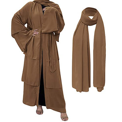 Muslim Abaya Dress for Women - Long Sleeve Islamic Dubai Abaya Cardigan Robe - Middle East Prayer Dress with Hijab - color: #A: Brown, size: Large