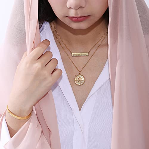 Qitian Mosque Muslim Necklace Islamic Jewelry Gifts for Women Muslim Pendant Gold Ayatul Kursi Necklace Islam Eid Ramadan Gifts for Women Men