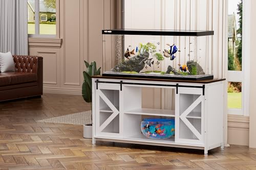 80 Gallon Fish Tank Stand with Power Outlet, Heavy Duty Aquarium Stand with Accessories Storage Cabinet and Sliding Barn Door - Metal Fish Tank Stand for Turtle, Reptile, for 2 Tanks, White+ Walnut
