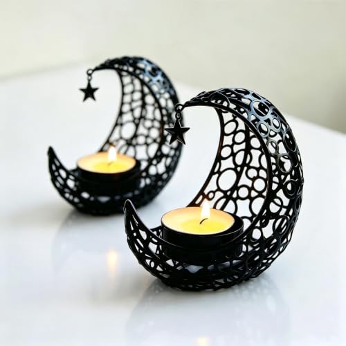 Moon Tea Light Candle Holder, Black Metal Decorative Candle Stand for Home Decor, Gift (2Pcs) - size: 2Pcs Black