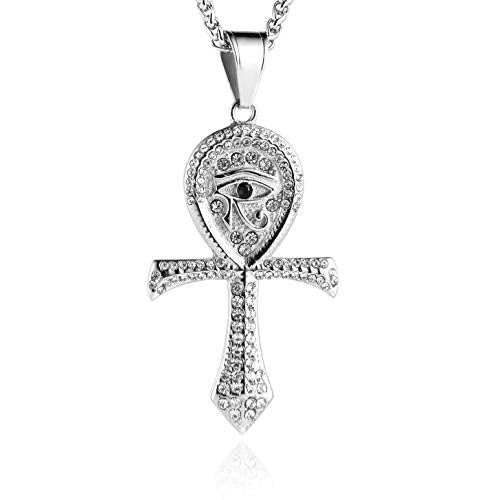 HZMAN CZ Eye of Horus Egypt Protection Pendant Coptic Ankh Cross Religious Stainless Steel Necklace - color: Silver