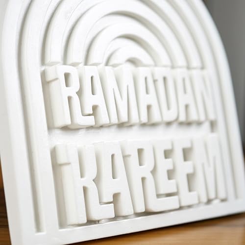 Ramadan Kareem Islamic Table Decor – Elegant Arabic Calligraphy for Home or Office – Unique Islamic Art Piece, Perfect for Eid, Ramadan, or Daily Inspiration – White Stone Powder Statue - style: Ramadan Kareem