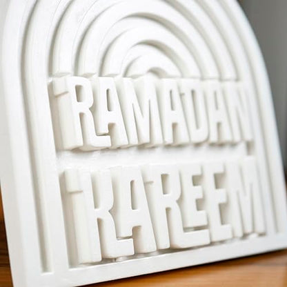 Ramadan Kareem Islamic Table Decor – Elegant Arabic Calligraphy for Home or Office – Unique Islamic Art Piece, Perfect for Eid, Ramadan, or Daily Inspiration – White Stone Powder Statue - style: Ramadan Kareem