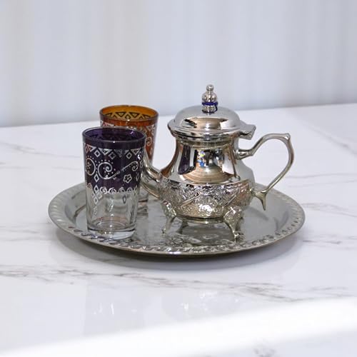 Moroccan Tea Tray Serving Cocktail Silver Handmade Fez Small Or Large Round (9/11/13/15 Inches) (9 Inches) - size: 9"