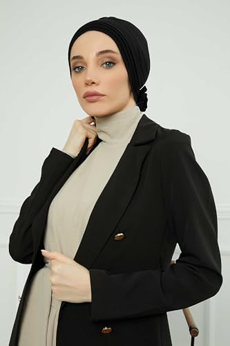 Aisha's Design Instant Turban Head Wraps for Women, Combed Cotton Scarf Lightweight Pre tied Hijab with Back Rose Detail - color: Black