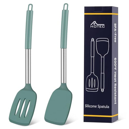 HOTEC Silicone Spatula Set of 2 Heat-Resistant 600F & BPA-Free Kitchen Spatula Turner with Stainless Steel Handles, Slotted & Solid Spatulas for Nonstick Cookware, 13.7 Inch, Sage Green - color: Sage Green